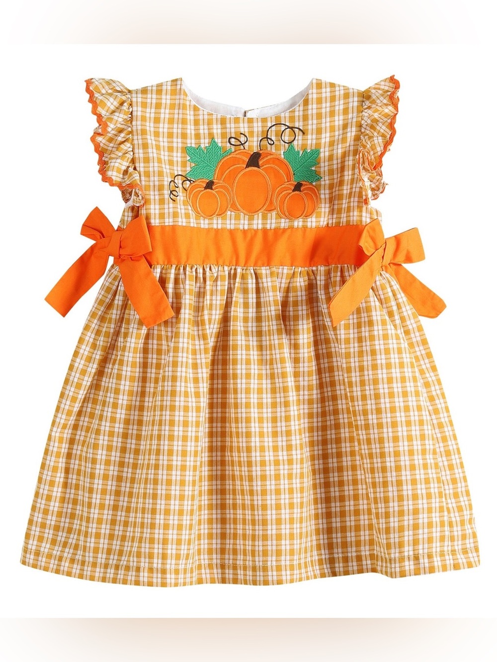 NWT Lil Cactus Kids Orange Gingham Ruffle Pumpkin Bow Dress